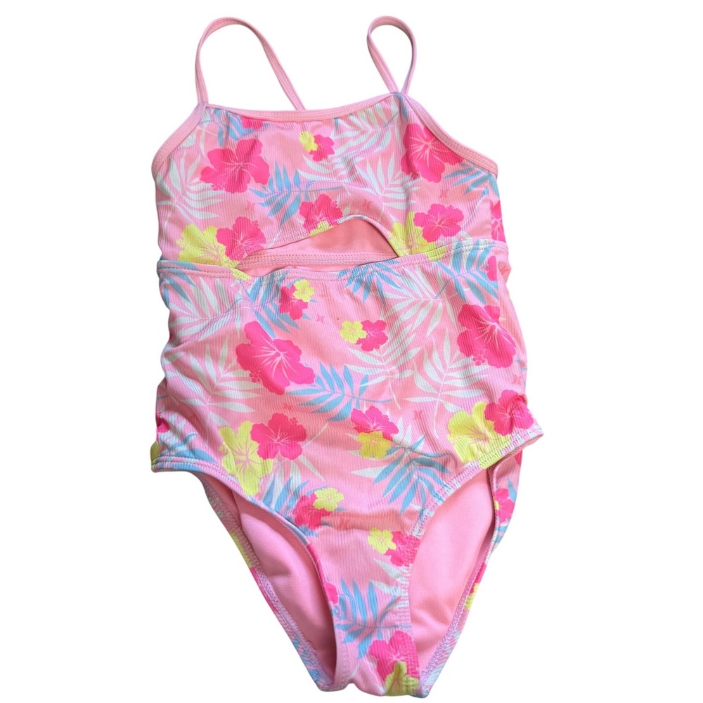Hurley One Piece Swimsuit Kids Size 5/6 Pink Floral Tropical Cutout Excellent